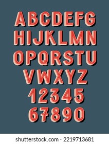 Retro Font. English alphabet and numbers from a to 9 with 3d effect and shadows.	