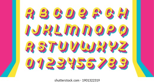 Retro font. Letters of 90s aesthetics. Vector alphabet in layered style.