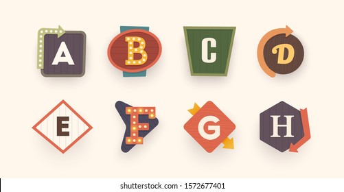 Retro font. Letters on vintage style. Retro signs. Alphabet. Vintage label, emblem and logo. Vector illustration 