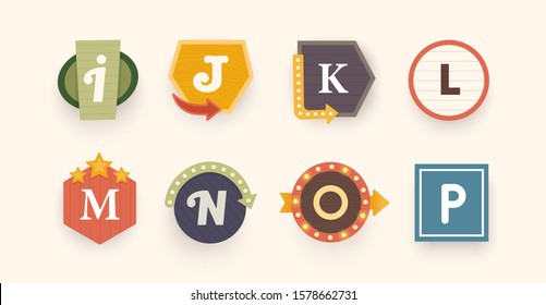 Retro font. Letters on vintage style. Retro signs. Alphabet. Vintage label, emblem and logo. Vector illustration 