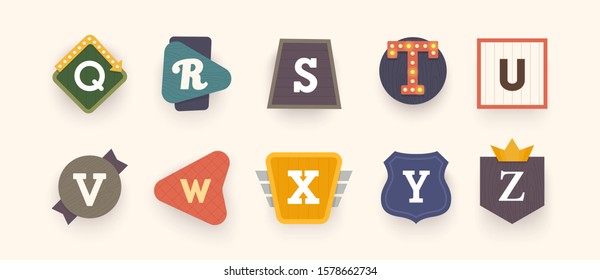 Retro font. Letters on vintage style. Retro signs. Alphabet. Vintage label, emblem and logo. Vector illustration 