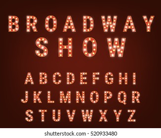 Retro font with light bulbs. Broadway Show typeface. Alphabet with shiny glowing light bulbs svg