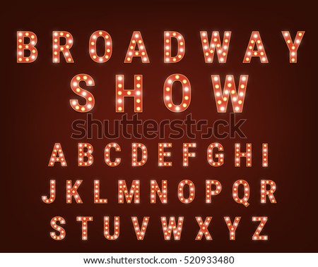 Retro font with light bulbs. Broadway Show typeface. Alphabet with shiny glowing light bulbs