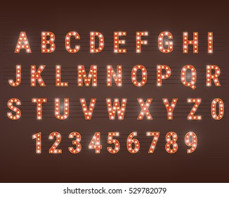 Retro font with light bulbs. Shiny letters and numbers. Retro light sign