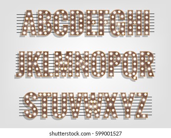 Retro font with light bulbs. Shiny letters. Vector letters