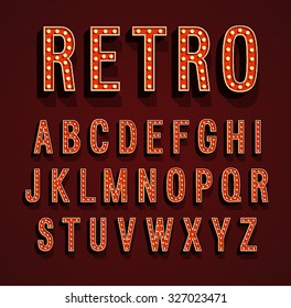 Retro font with light bulbs. Vector illustration.