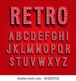 Retro font with light bulbs. Vector illustration.