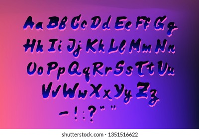 Retro font like in Noir detective movies. Hand written ink brush pen cursive alphabet, neon typeset of uppercase and lowercase letters on dark background.