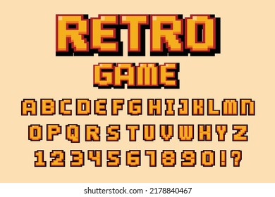 Retro font and numbers. Video computer game design 8 bit . Vector alphabet