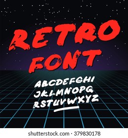 Retro font on light grid background. Vector alphabet