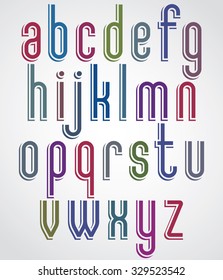 Retro font with rounded corners, light condensed letters typeface, lowercase set. With outlines.
