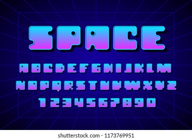 Retro font in the style of 80s. Uppercase letters and numbers. Eps8. RGB. Global colors