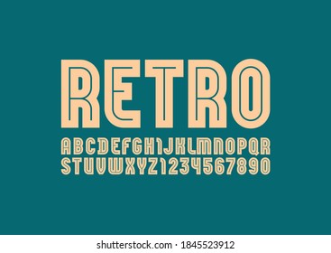 Retro font, trendy striped alphabet, letters and numbers, vector illustration 10eps