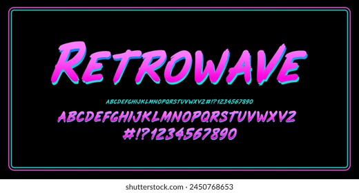 Retro Font Type in Synth Wave und Retro Wave Stil Video Spiele. Retrofuturistisches Neonschrift-Alphabet mit Zahlen der 80er - 90er Jahre. Synthwave und Retrowave Neon Frame. Perfekte Vektorgrafik Vorlage