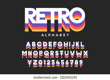 Retro font. Vector of modern vibrant alphabet and numbers. Typeface with different colors in vintage trendy style.