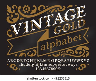 Retro font. Vintage alphabet. Custom type letters and numbers on a dark floral background. Stock vector vintage font for labels, headlines, posters etc.