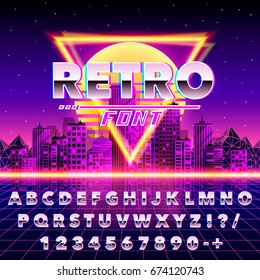 Retro Font Vintage On The Neon City Background. Vector Illustration