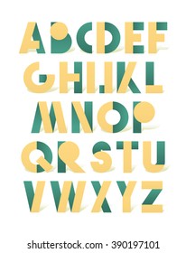 Retro font in yellow and green. Alphabet letters for vintage design directions. 3D realistic 