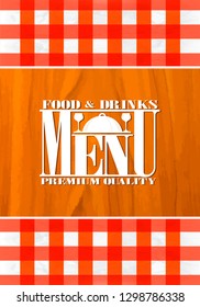 Retro food and drinks menu, tablecloth on the wooden board background.Vector illustration