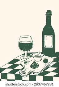 Retro food poster with hand drawn elements of wine glass, bottle and appetizers on checkered tablecloth. Good for banners, prints, kitchen posters, cards, apparel decor, etc. EPS 10