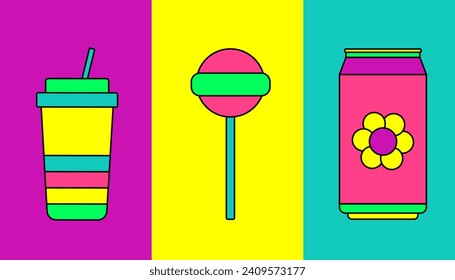 Retro food set. Soda, drink with a straw, lollipop in trendy 90s. Colorful sticker or icon. Flat vector illustration. 