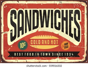 Retro Food Sign Design For Diner, Restaurant Or Snack Bar. Sandwiches Vintage Vector Poster Illustration On Old Red Metal Background.