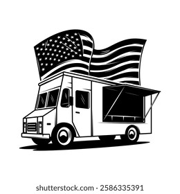 Retro food truck with american flag. Design element for poster, card, banner, sign. Vector illustration