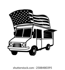 Retro food truck with american flag. Design element for poster, card, banner, sign. Vector illustration