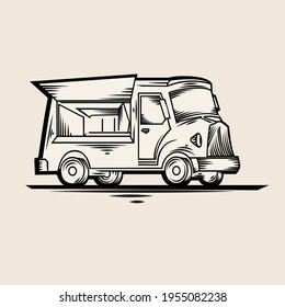 Retro food truck bus - drawn monochrome pictogram sign