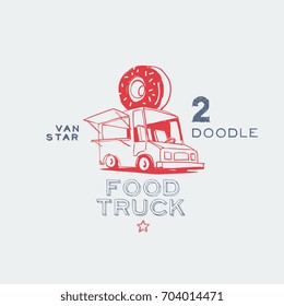 Retro food truck with donut, hand draw doodles style van, pixel art style vector icons set. Poster design.