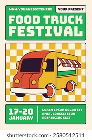 Retro food truck festival poster with vintage illustration, colorful street food event design, bold typography, modern layout, and dynamic composition.