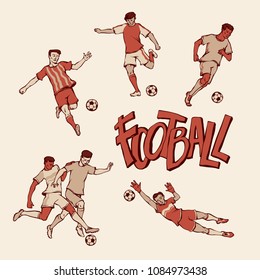 Retro football player and goalkeeper in sports uniform. Vintage soccers motion with ball in different poses and race. Vector outline illustration imitation print and inscription painted letters