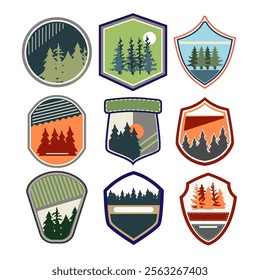 retro forest badge set cartoon. nature wilderness, adventure outdoors, hiking exploration retro forest badge sign. isolated symbol vector illustration