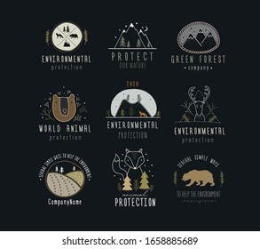 Retro forest set with emblems. Summer vector illustration. Design for t-shirts. 
Color logo with animals, bear, fox, tree 
