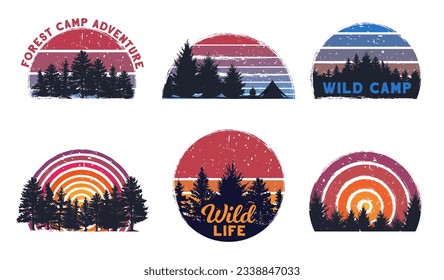 Retro forest sunset. Wild camp, sunrise camping and nature trees with grunge 80s striped sun background of exploring wild life emblem, sunlight painting, awesome mountain, vector illustration