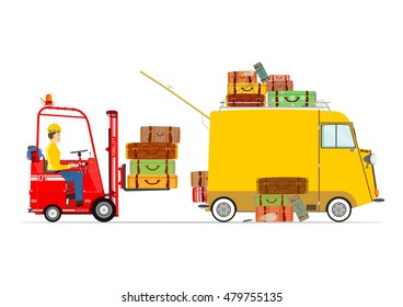 Retro forklift and van with suitcases. Flat vector