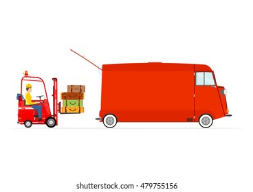 Retro forklift and van with suitcases. Flat vector
