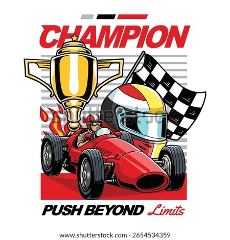 Retro formula car racing toward victory with golden trophy, checkered flag, and helmet backdrop under bold “Push Beyond Limits” slogan