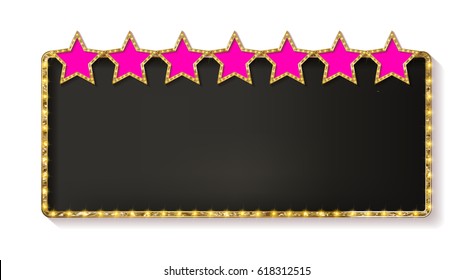 Retro frame with 7 pink stars and spots and blank billboard. Vector illustration. Isolated on white background. Horizontal.