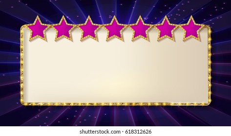 Retro frame with 7 stars and spots and blank billboard. Vector illustration. On the background of a blue curtain