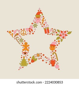 Retro frame 70s style Christmas elements with poinsettia and leaves. Merry Christmas holiday. Winter simple minimalist background with berries. 1970 good vibes. Vector illustration.