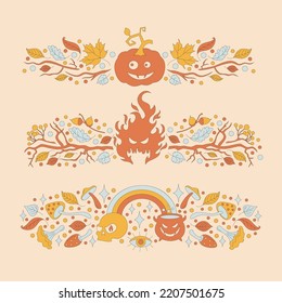 Retro frame with 70s style Halloween elements. Happy Halloween Autumn simple minimalist illustration. 1970 vibe banners set. Banner with a pumpkin, a fire and a rainbow. 