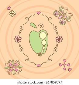 Retro frame with drawing apple and a butterfly on a striped background