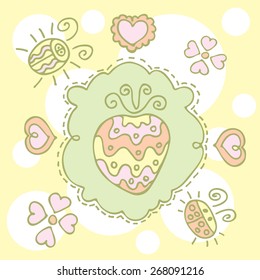 Retro frame with drawing strawberry and bugs on yellow spotted background