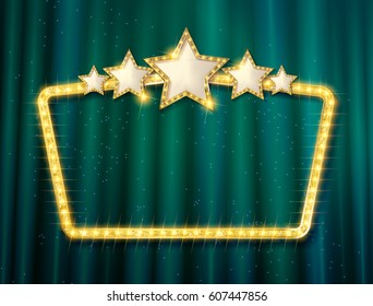 Retro frame with five stars and spots and blank billboard. Vector illustration. On the background of a turquoise curtain