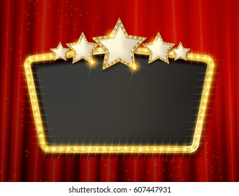 Retro frame with five stars and spots and blank billboard. Vector illustration. On the background of a red curtain