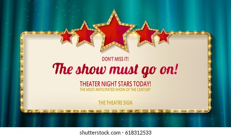 Retro frame with five stars and spots and blank billboard. Vector illustration. On the background of a turquoise curtain