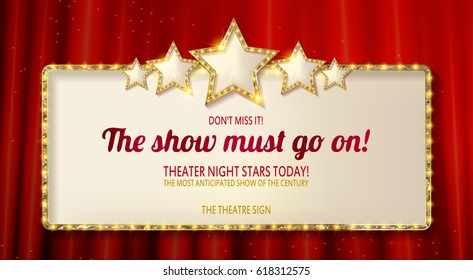 Retro frame with five stars and spots and blank billboard. Vector illustration. On the background of a red curtain