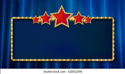 Retro frame with five stars and spots and blank billboard. Vector illustration. On the background of a blue curtain