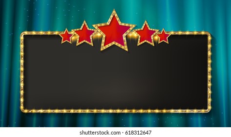 Retro frame with five stars and spots and blank billboard. Vector illustration. On the background of a turquoise curtain